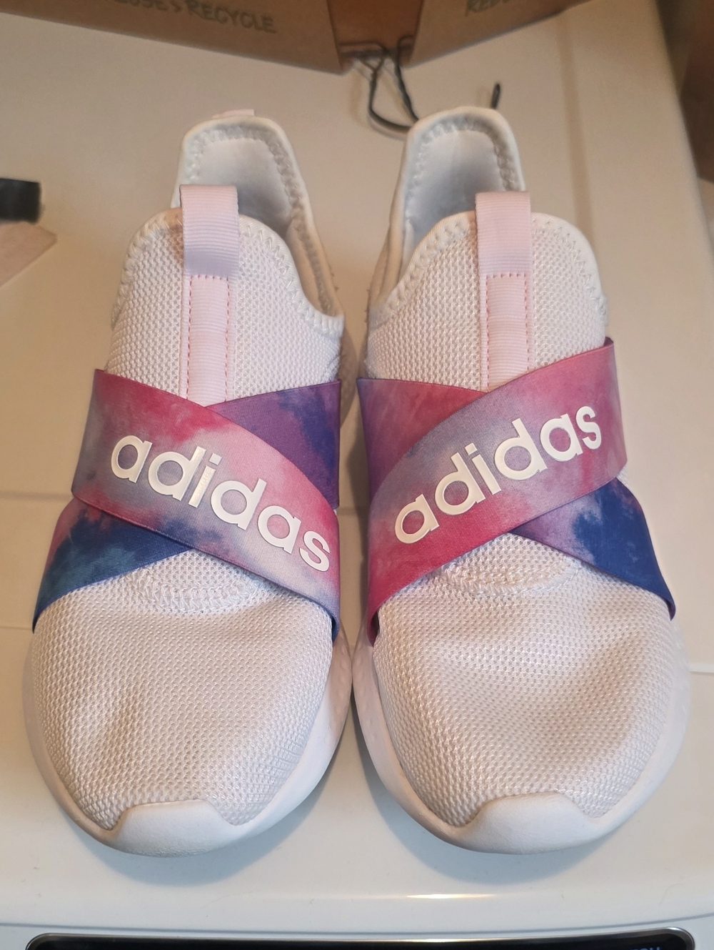 Adidas Women's Slip-On Sneakers in White with Pink & Blue Tie-Dye Strap